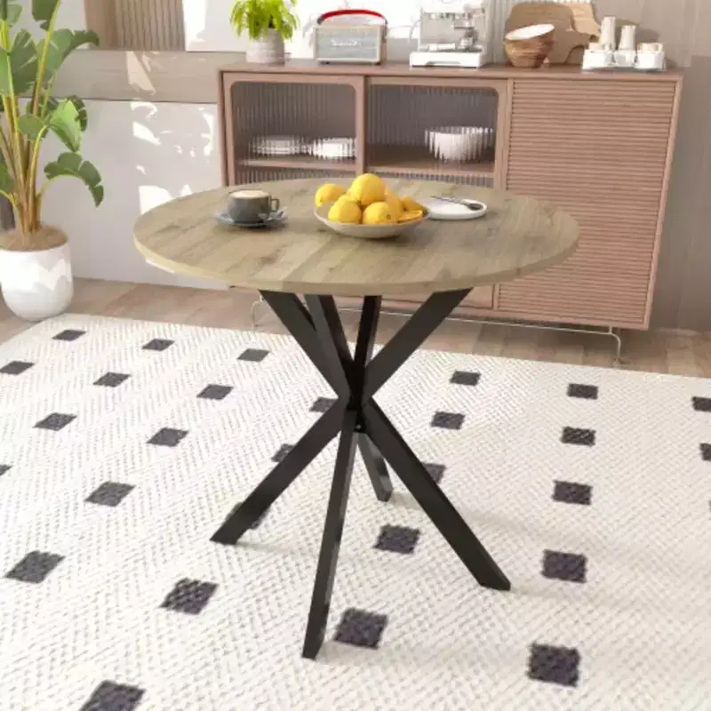 Round Dining Table, Small Circle Kitchen Table with Metal Black Legs for 2-4 people,Modern Dining Room Table, Brown (only table)
