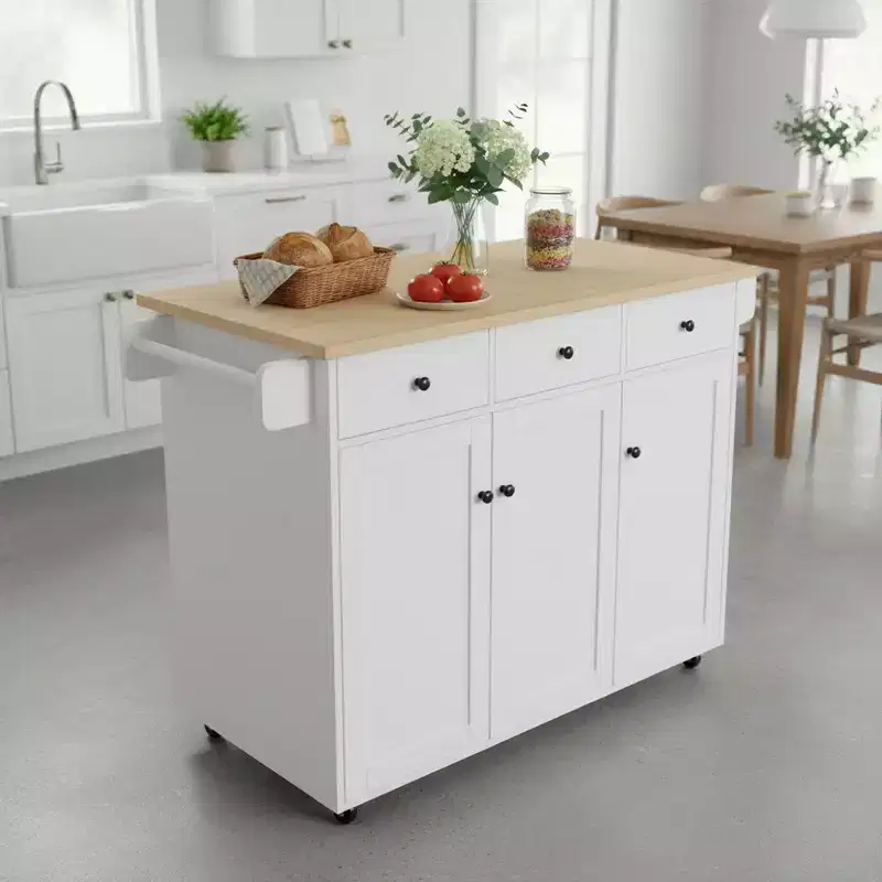 FurnitureR Mobile Kitchen Island Cart with Folding Drop Leaf, 45.3 Wide Kitchen Storage Cabinet on Wheels, Rolling Space-Saving Prep Table, White