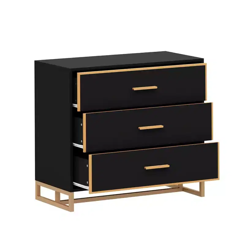 3-Drawer Modern Nightstand with Open Metal Frame, Black & Gold Finish, 28.7