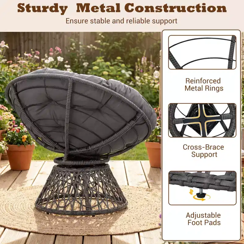 Gymax 360-DegreeSwivel Papasan Chair Round Wicker Lounge Chair w/Thick Cushion&Metal Frame