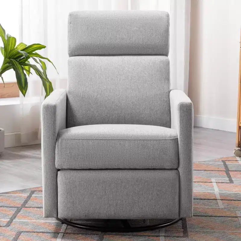 Modern Upholstered Rocker Nursery Chair, 360° Swivel Glider with Adjustable Recline 95°-160°, Linen, Gray