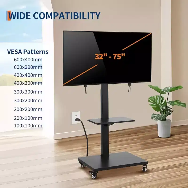 Height-Adjustable Mobile TV Cart with Swivel/Tilt Base, Locking Casters & Open Shelf, Fits 32