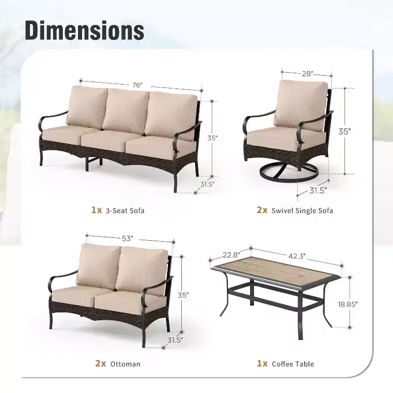 Captiva Designs 5pc Extra Large Metal and Rattan Outdoor Patio Conversation Set with Swivel Chairs and Loveseat