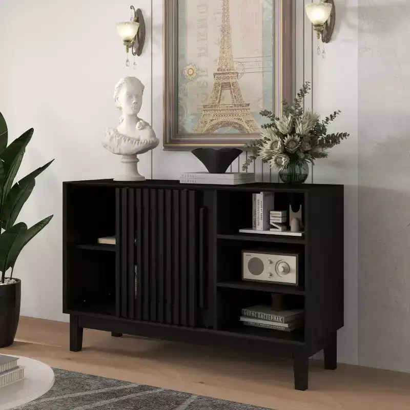 47 Mid-Century Modern Sideboard & TV Stand, Buffet Storage Cabinet with Sliding Slat Door, Solid Wood Legs