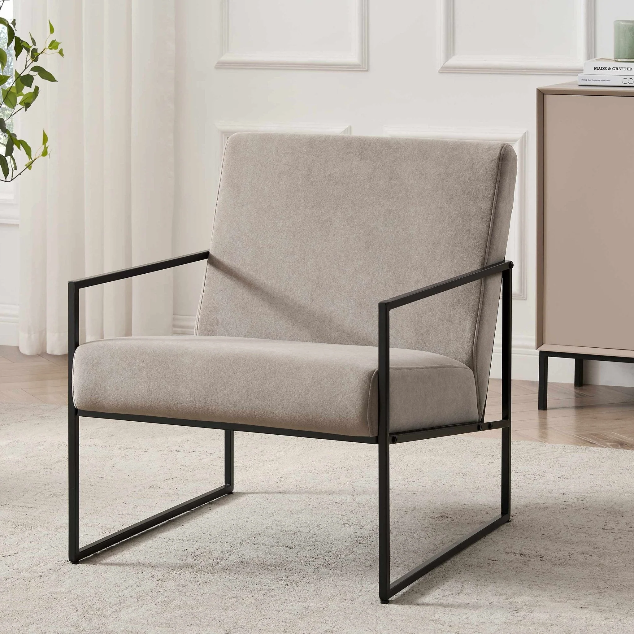 Modern Taupe Fabric Accent Chair with Space-Saving Design for Living Room