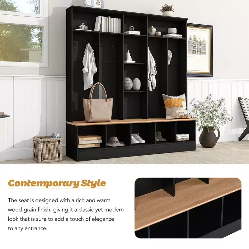 Black Hall Tree with Storage Bench, Shoe Cabinet, Cube Storage & 8 Coat Hooks