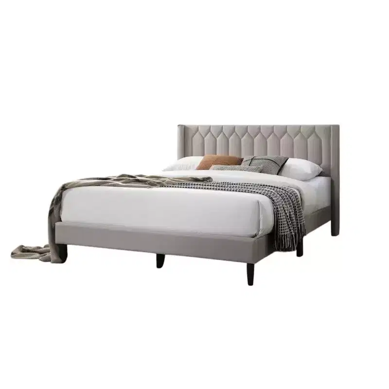 Queen Size Platform Bed, Geometric Stitched Light Brown Burlap Upholstery, Slatted Base, No Box Spring Needed