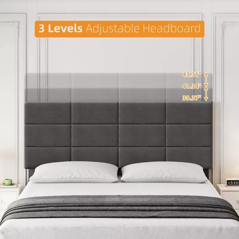 Twin Size Bed Frame, Linen Upholstered Platform Bed Frame, Height Adjustable Headboard, Metal Frame, Wood Slats, No Box Spring Needed