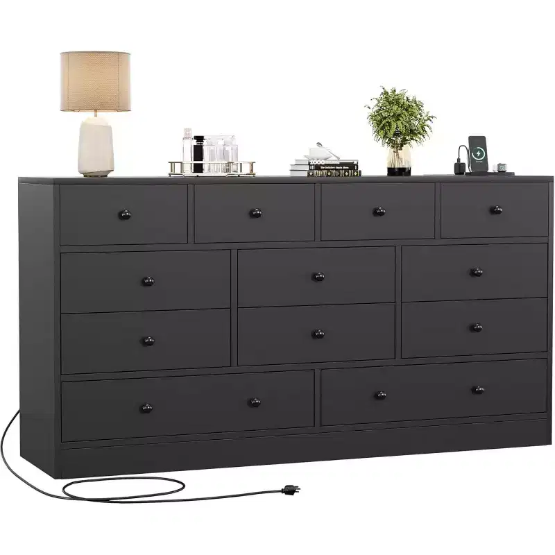 12 Drawer Dresser for Bedroom, 61 Inch Wood Dresser, Tall Dressers with Smooth Metal Rail, for Living Room, Hallway