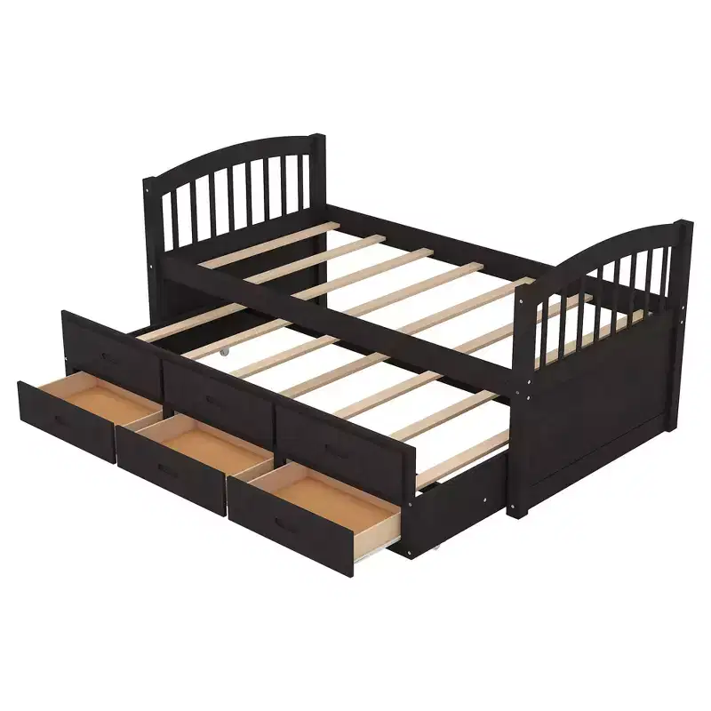 Wood Twin over Twin Bunk Bed with Ladder, Trundle & Drawers