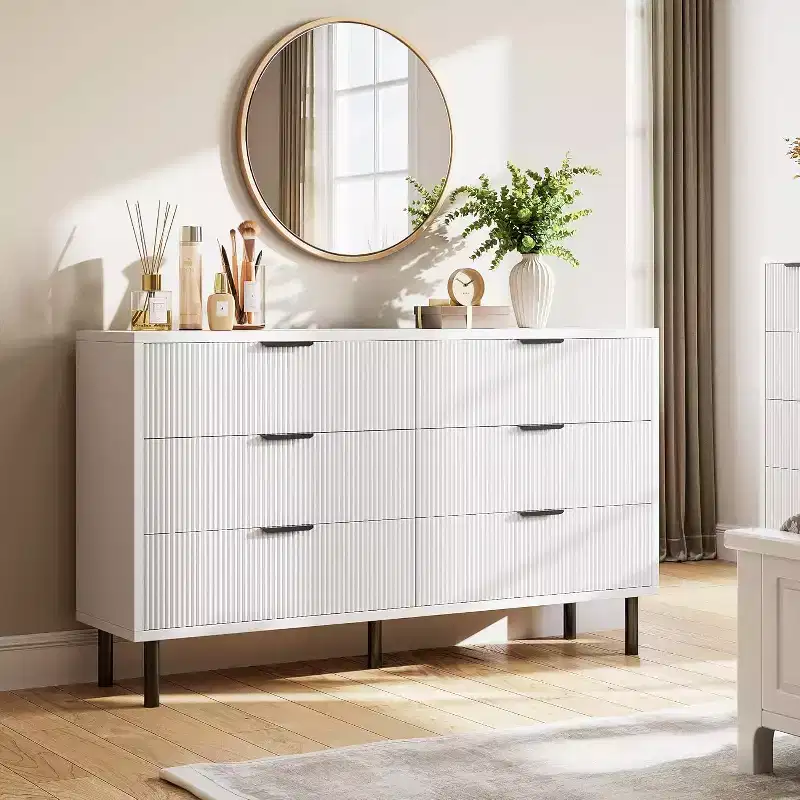 GustoWave White Fluted 6 Drawer Dresser, Wide Wood Double Dresser with Metal Legs and Handles, Modern Chest of Drawers with Anti-Tipping Design