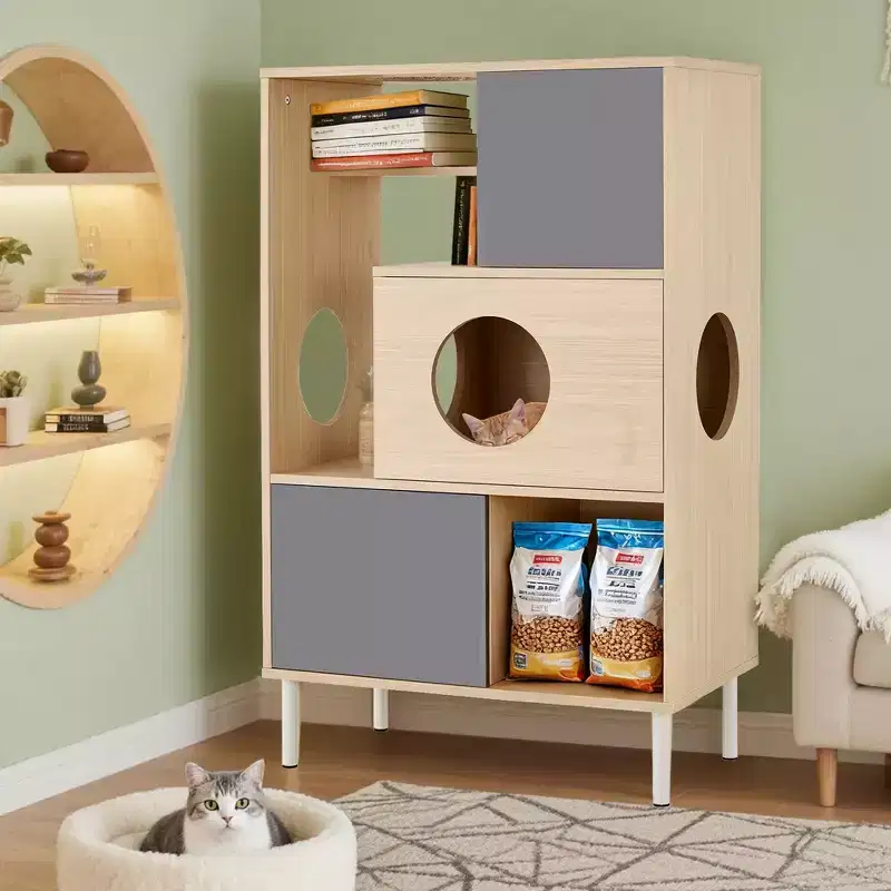 JVNOXK 2-in-1 Modern Cat Tree & Side Cabinet, Wooden Bookshelf with Cat Litter Box Enclosure, Cat Climbing Frame with Hidden Storage Space