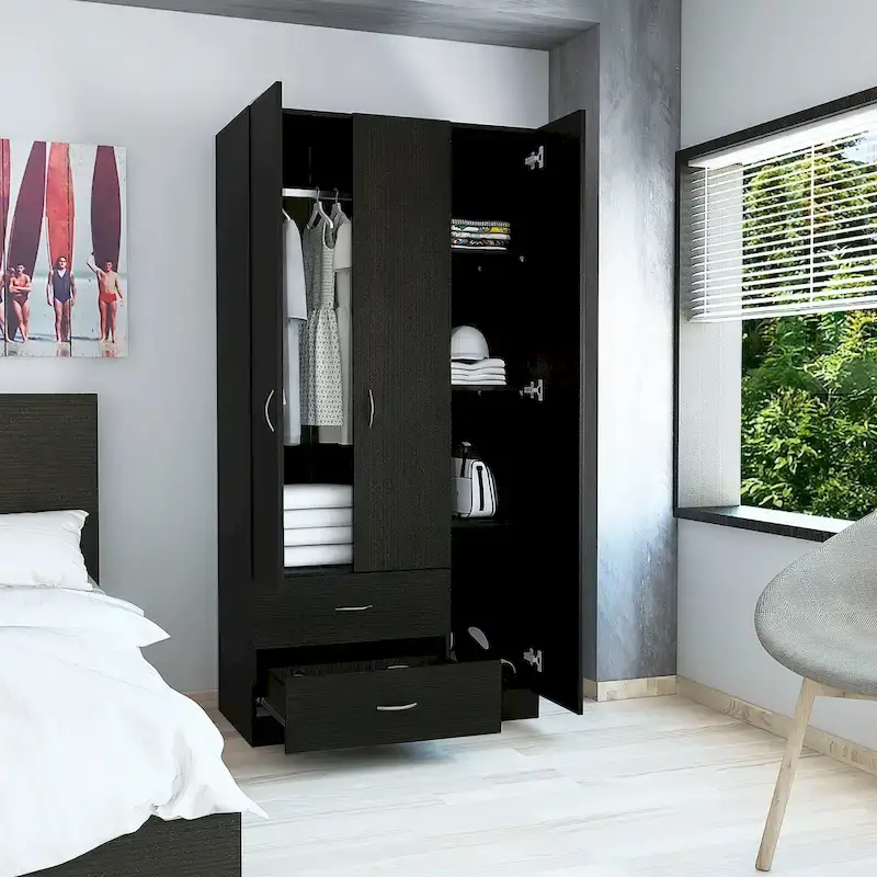 3-Door Wardrobe Armoire with 2 Drawers, 5 Shelves & Hanging Rod, Closet Storage Cabinet