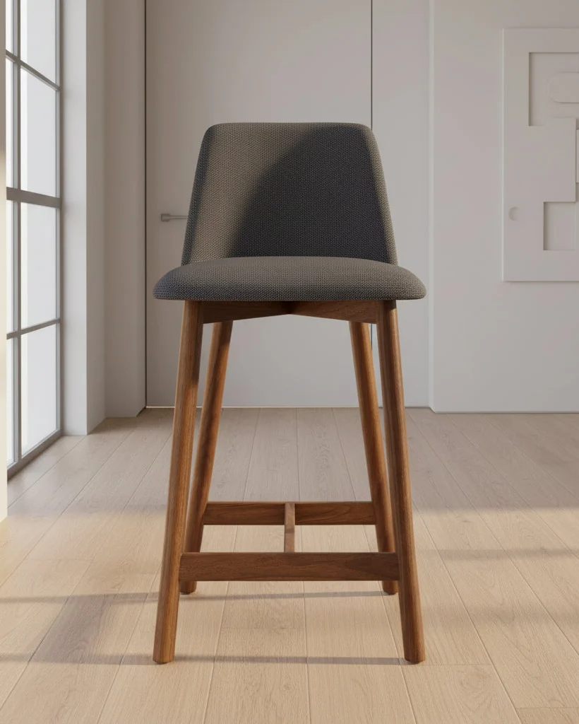 Modern Charcoal Fabric Counter Stool with Walnut Wood Legs for Dining Room