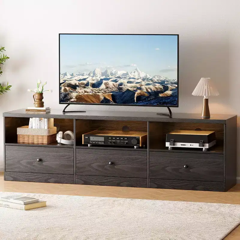 70 Inch Tvs Stand for Up to 80 Inch TVWooden Media Console with 3 Storage Drawers and 3 Open Shelves for Living Room Bedroom