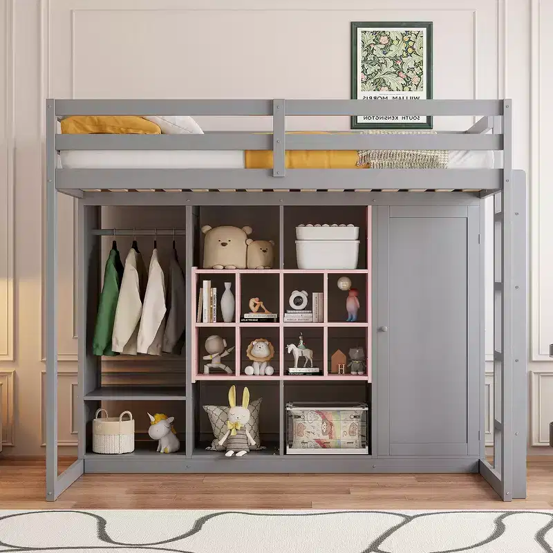 Twin Size Wood Loft Bed with Wardrobe, Shelves and Cabinet, Colorful Design