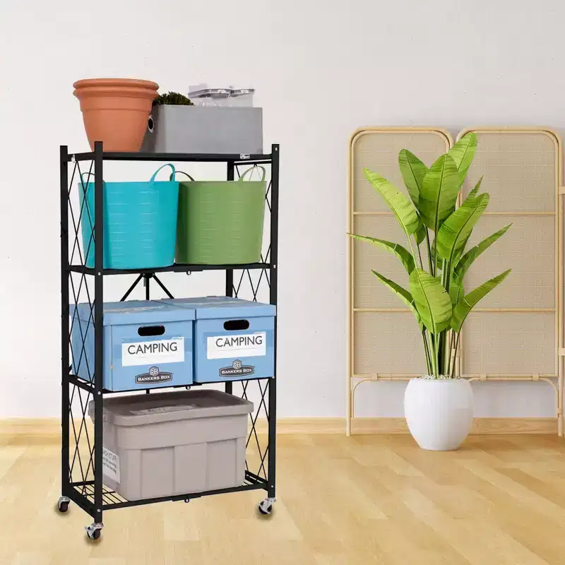 4-Tier Heavy Duty Folding Storage Rack with Magnetic Wire Shelf Liners