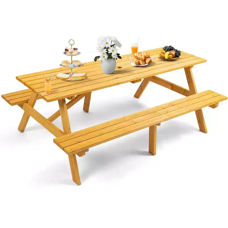 Zevemomo 8 Person Wood Picnic Table, Rectangle Tabletop with Umbrella Hole, 2 Built-in Long Benches, 2220LBS Total Capacity for Backyard, Light Wood