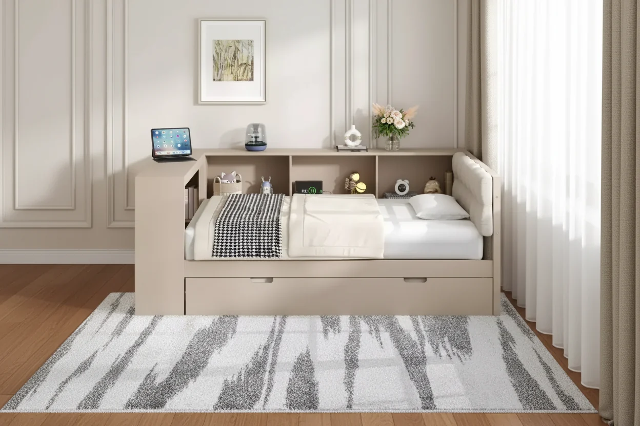 Twin/Full Size Daybed with Storage Shelves, Charging Station & Upholstered Headboard