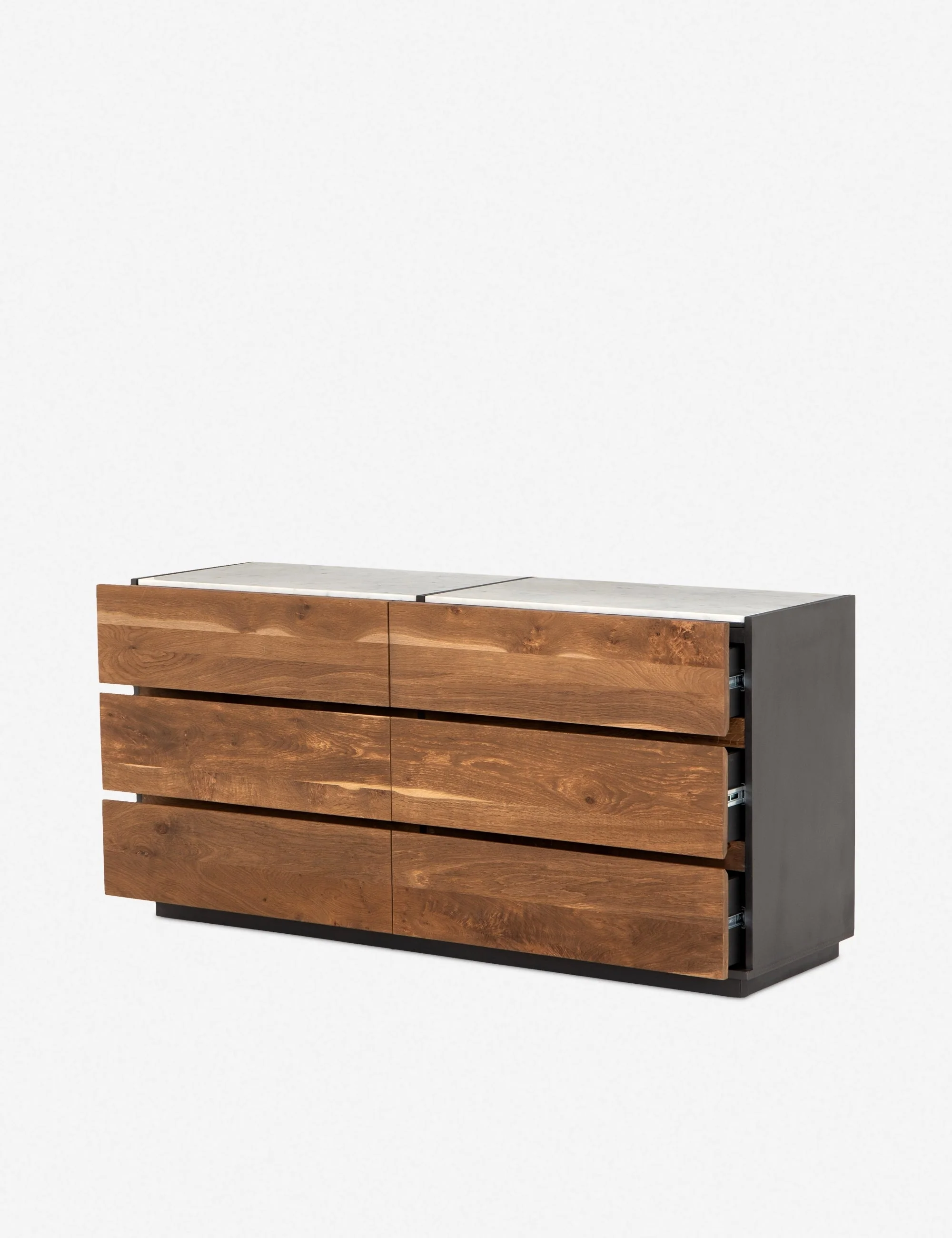 Dresser - Upgrade your bedroom with this sleek yet accessible dresser, featuring a grey lacquered frame juxtaposed with six smoked oak wood drawers