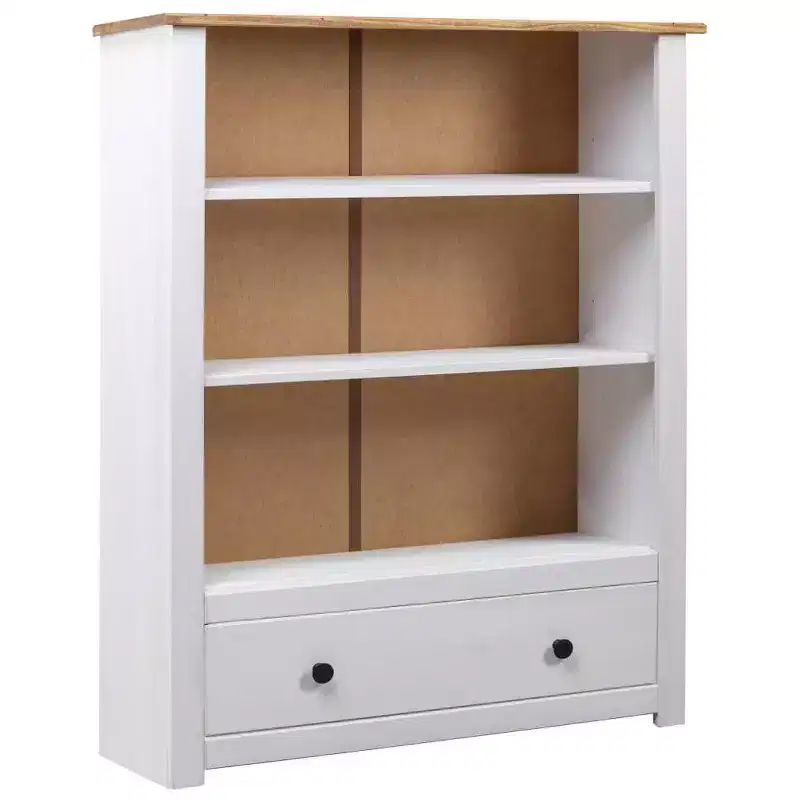 vidaXL Solid Pine Wood Bookcase with 3 Shelves and Spacious Drawer - Farmhouse Style, Rustic White Panama Range