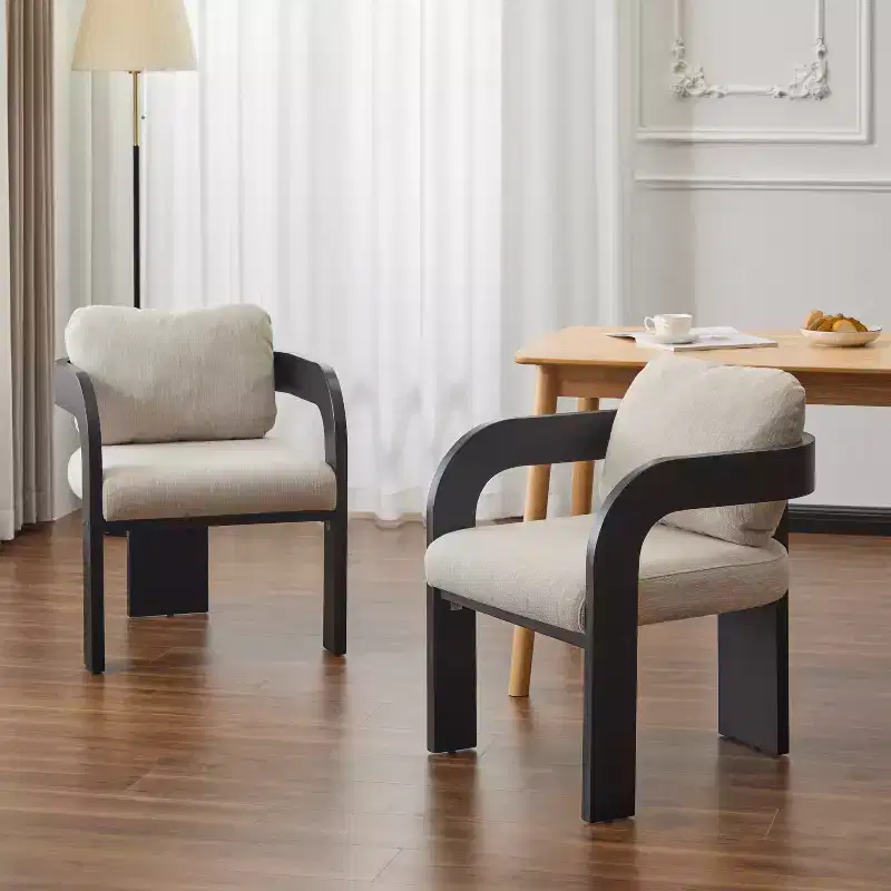 Set of 2 Dining Chairs, Kitchen & Dining Room Chairs with Pillow Back, Boucle Armchairs with Rubberwood Frame - ModernLuxe