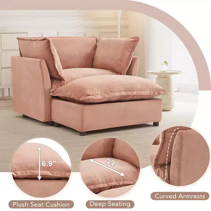 Chenille Armchair with Movable Ottoman, Wide Seat & Curved Armrests