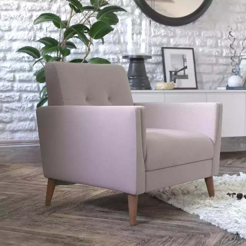 Flash Furniture Conrad Mid-Century Modern Commercial Grade Armchair with Tufted Faux Linen Upholstery & Solid Wood Legs