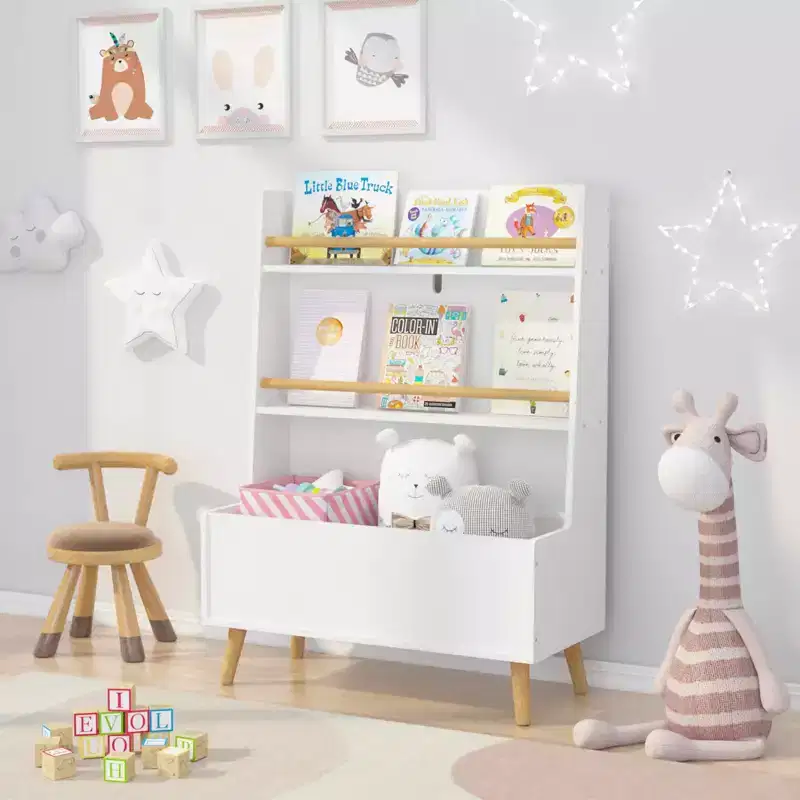 Kids Bookshelf, Book and Magazine Rack with Toy Storage Cabinet for Bedroom or Living Room, White