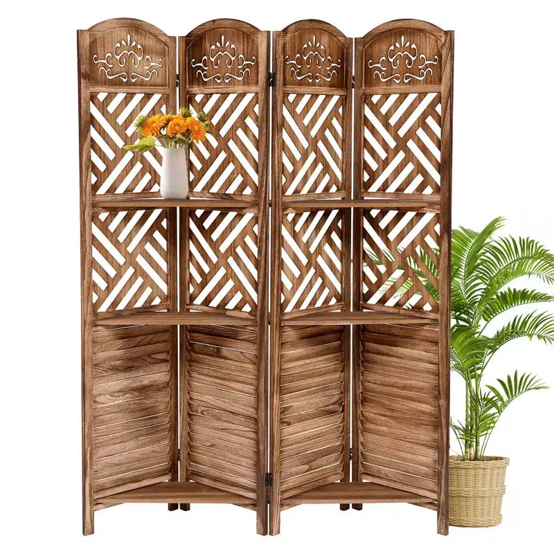 Farmhouse-style room partition with three-tiered shelving and four folding privacy screens, suitable for bedrooms, living rooms - small space storage