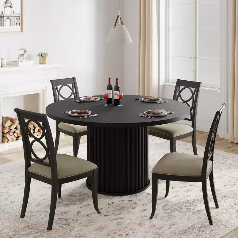 47Inch Round Dining Table for 4-6 People, Black Dining Room Table with Sturdy Waveform Metal Pedestal Base, Industrial Circle Kitchen Table