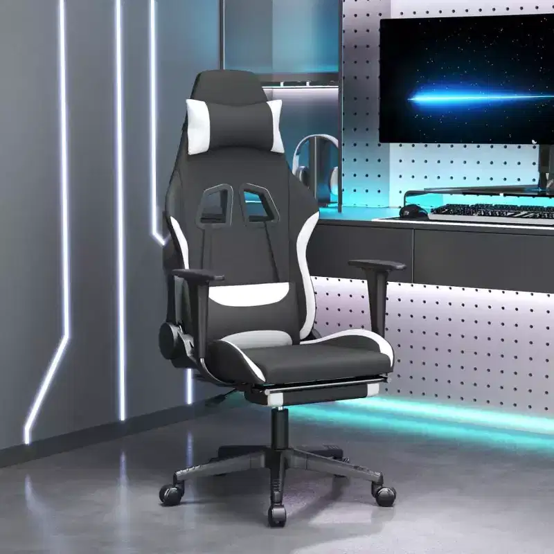 vidaXL Fabric Gaming Chair with Adjustable Seat and Backrest - Black and White Reclining Game Chair with Footrest for Ultimate Gaming Comfort