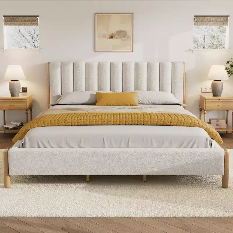 Witt Modern Wood Boucle Platform Bed with Vertical Stripes Headboard, White