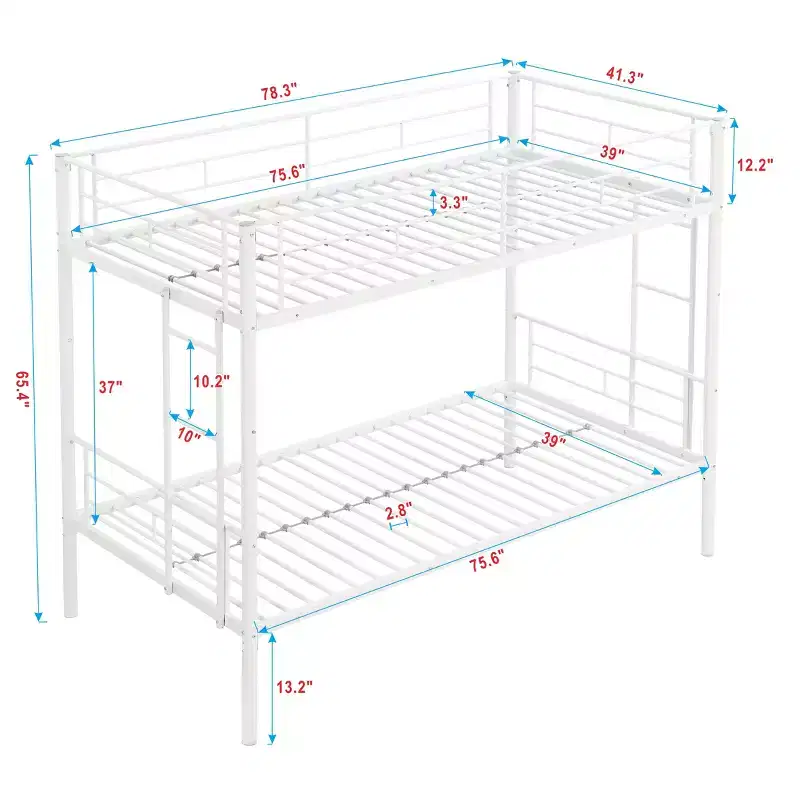 Twin Over Twin Bunk Bed with and 2 Side Ladders, and Full Length Guardrail, Convertible Bunk Bed for Kids, Teens, White