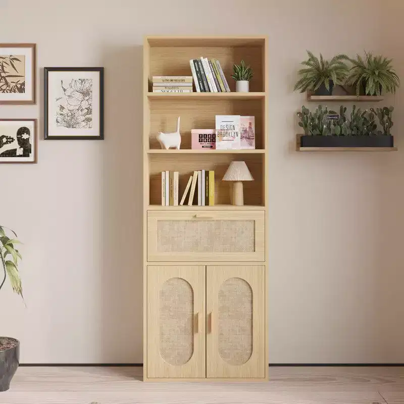 Tan Rattan Display Cabinet with 3-layer 1-drawer 2-door 70.86in.H