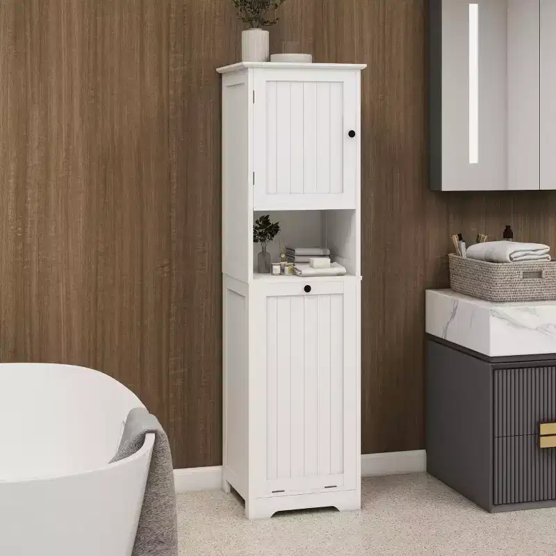 Tall Tilt-Out Laundry Hamper Cabinet with Storage Shelf & Removable Bag - White, 55 in. H