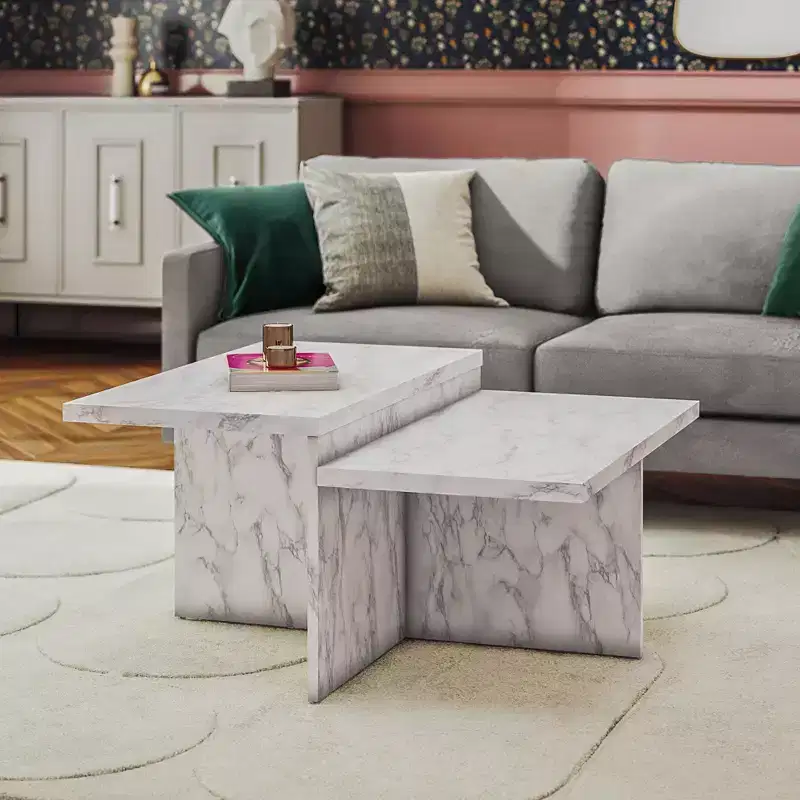 Brielle White Faux Marble Two-Tiered Coffee Table, Engineered Wood Luxury Practical Table for Modern Living Room