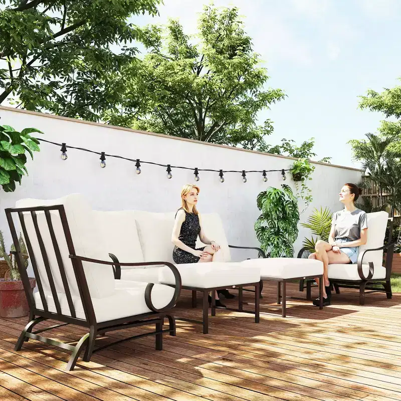5 Piece Backyard Patio Furniture Set, Outdoor Furniture Set with 2 Rocking Chairs, 3-Seat Sofa, and 2 Ottomans