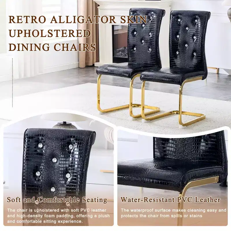 Set of 4 Upholstered Dining Chairs with Faux Leather and Crystal Buckle Details, with Durable Metal Legs
