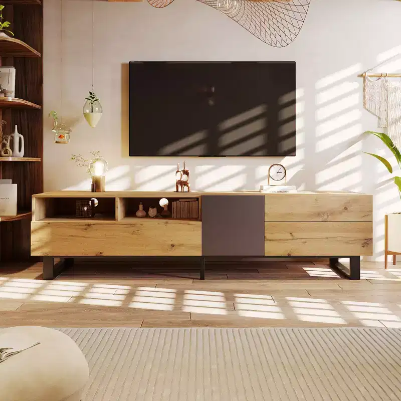 TV Stand for 80 inch TV Storage Cabinet, Modern Wood Media Console with Drop Down Doors, Entertainment Center for Living room, Wood