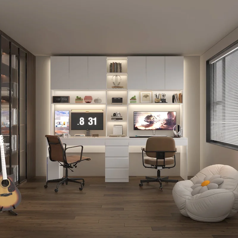 Dual-Person Modern Workstation Spacious White Gaming and Office Desk