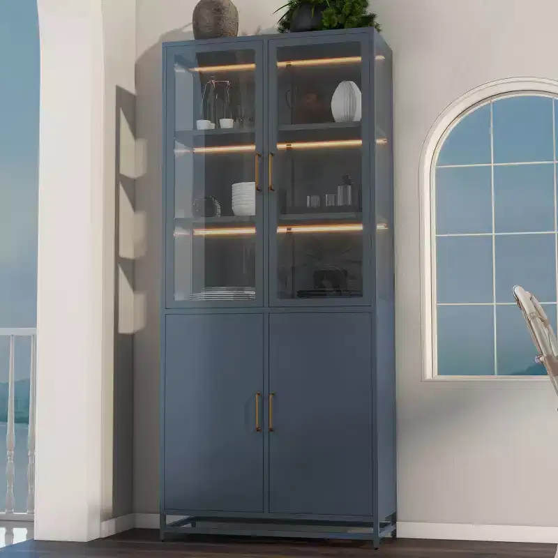 Okak Tall Display Buffet Cabinet with Glass Door & LED, Steel Bookshelves Pantry Cabinet for Kitchen/Hallways/Living Room/Office