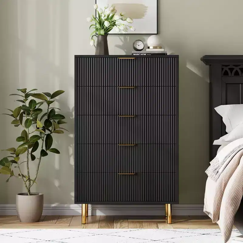 Modern 5 Drawer Dresser for Bedroom with Wood Double Chest of Drawers and Storage Organizer Gold Handle and Large Drawer, r for Living Room, Hallway