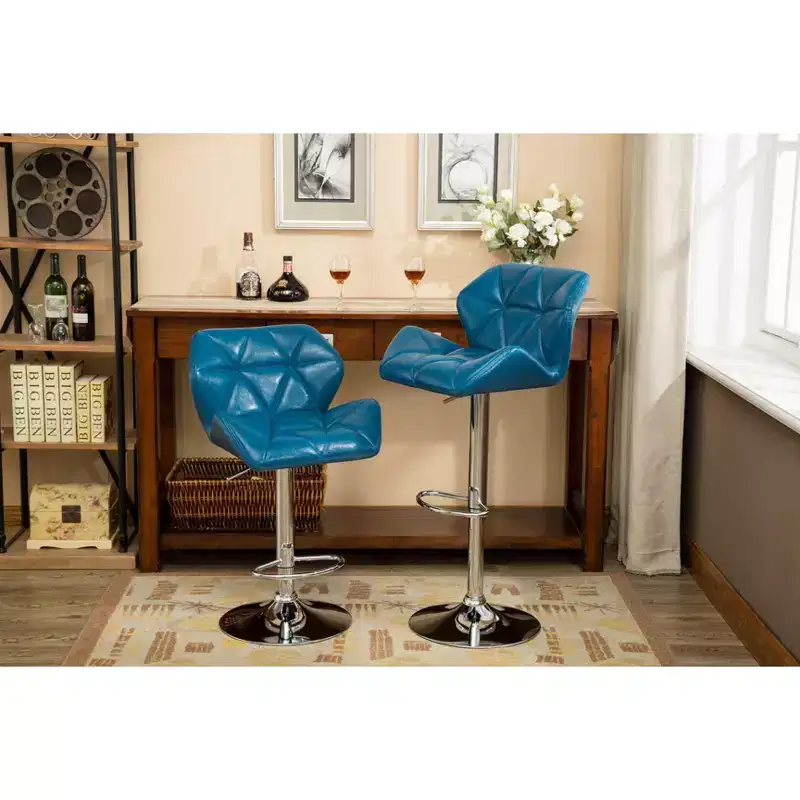 Roundhill Furniture Glasgow Contemporary Tufted Adjustable Height Hidraulic Bar Stools, Blue, Set of 2