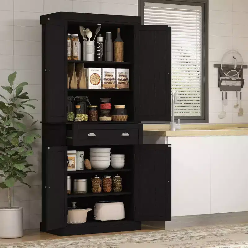 HOMCOM 72 Traditional Freestanding Kitchen Pantry Cupboard with 2 Cabinet, Drawer and Adjustable Shelves, Black Wood Grain