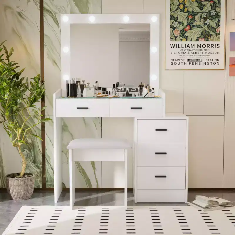 Makeup Vanity Table with Sliding Mirror & 3 Lighting Modes, Dressing Desk with Stool and 5 Drawers for Bedroom
