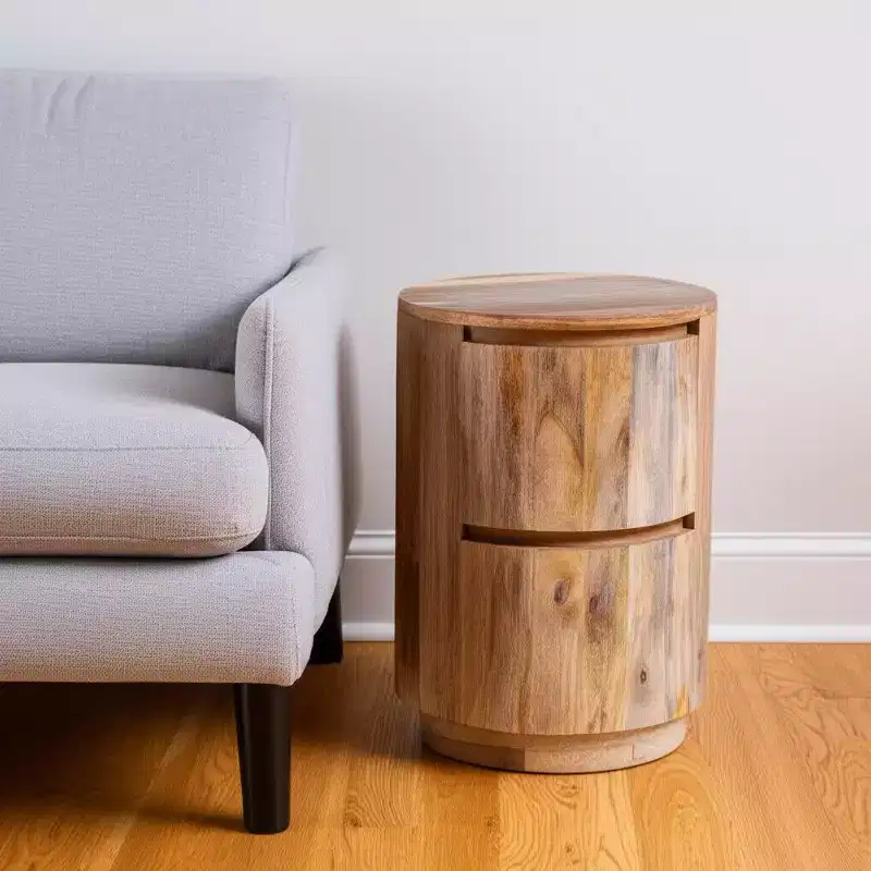 HomeRoots 24 Natural Solid Wood Round Drum End Table With Two Drawers