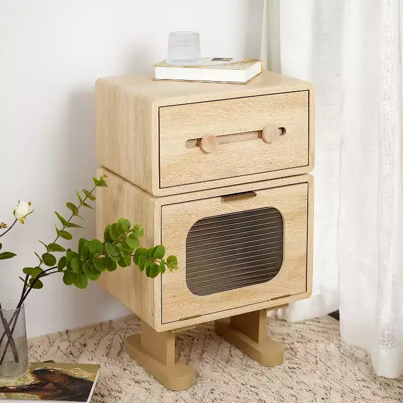Creative Swivel Robot Nightstands Storage Side Table, Natural Finish