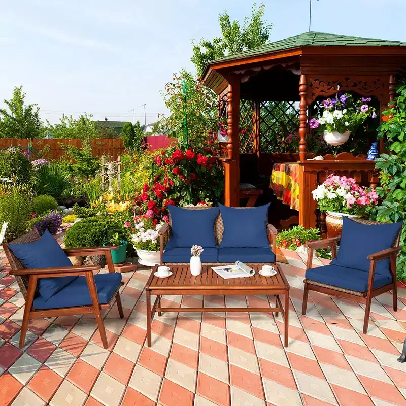 Costway 4PCS Patio Rattan Furniture Set Acacia Wood Frame Cushioned Sofa Chair