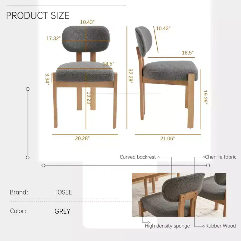 PexFix Wooden Dining Chairs Set of 2 Modern Fabric Upholstered Dining Room Chair Kitchen Chairs Farmhouse Dinner Chair for Kitchen Dining Room Grey